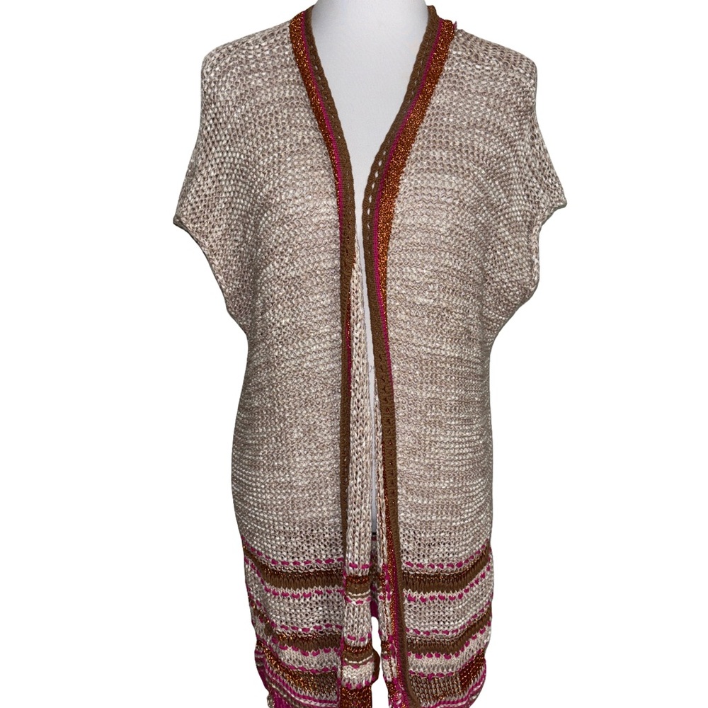 Chico's Beige Knit Vest with Pink and Brown Accents